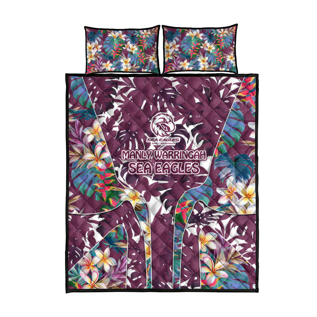 Manly Warringah Sea Eagles Quilt Bed Set Tropical Hibiscus Floral Pattern With Maroon And White Accents