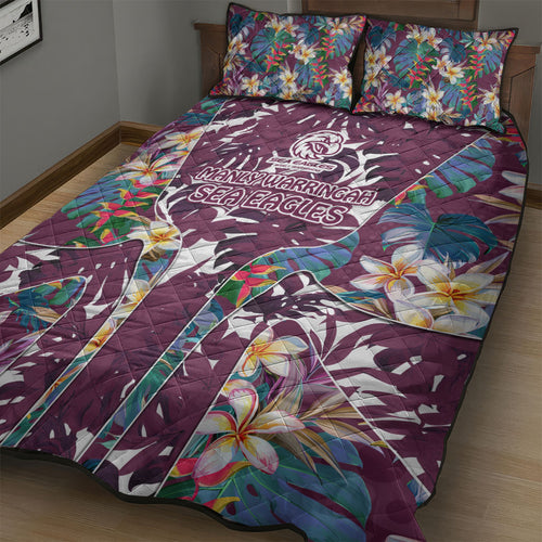Manly Warringah Sea Eagles Quilt Bed Set Tropical Hibiscus Floral Pattern With Maroon And White Accents