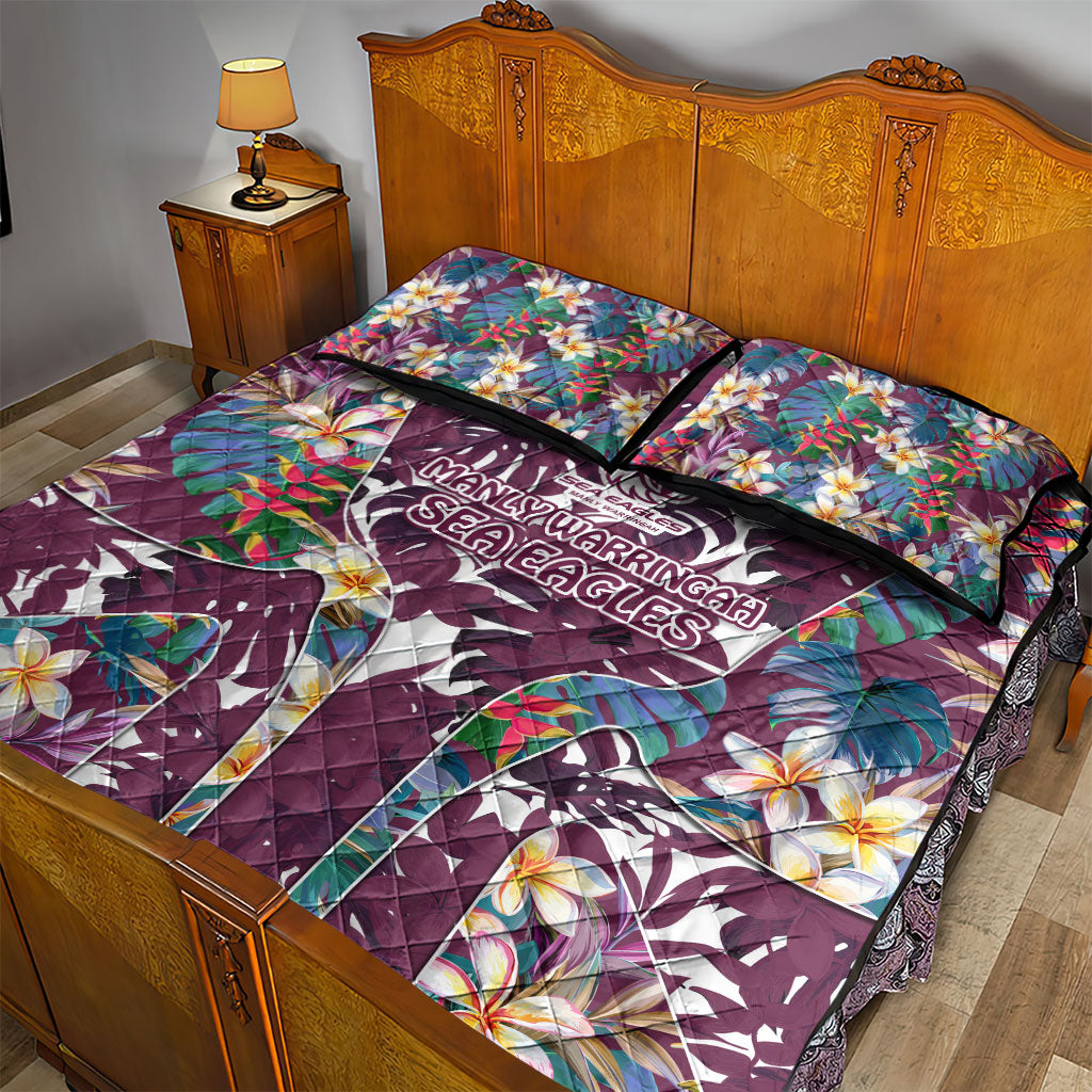 Manly Warringah Sea Eagles Quilt Bed Set Tropical Hibiscus Floral Pattern With Maroon And White Accents