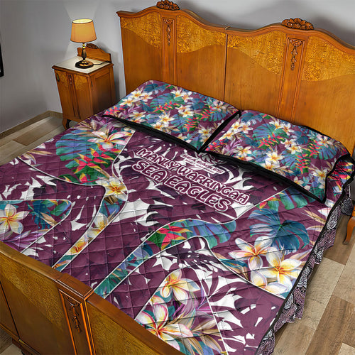 Manly Warringah Sea Eagles Quilt Bed Set Tropical Hibiscus Floral Pattern With Maroon And White Accents