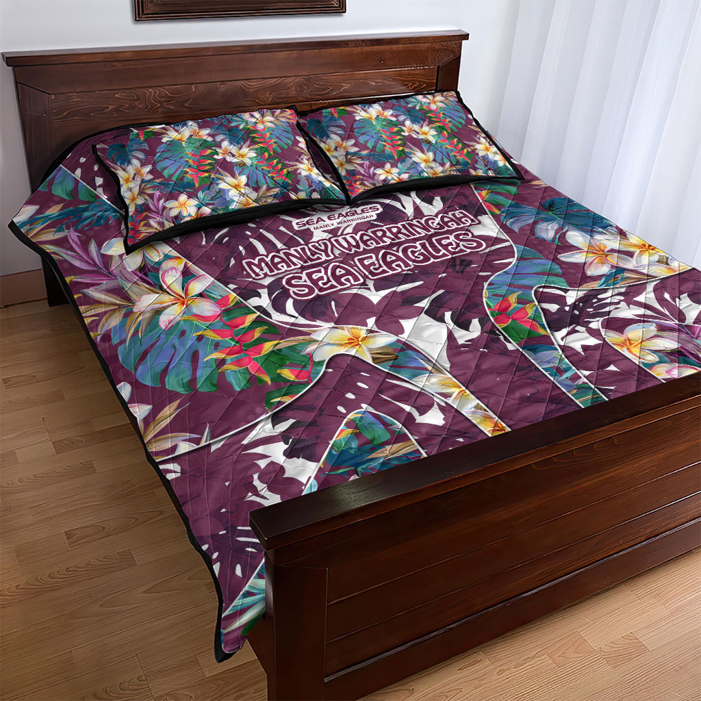 Manly Warringah Sea Eagles Quilt Bed Set Tropical Hibiscus Floral Pattern With Maroon And White Accents