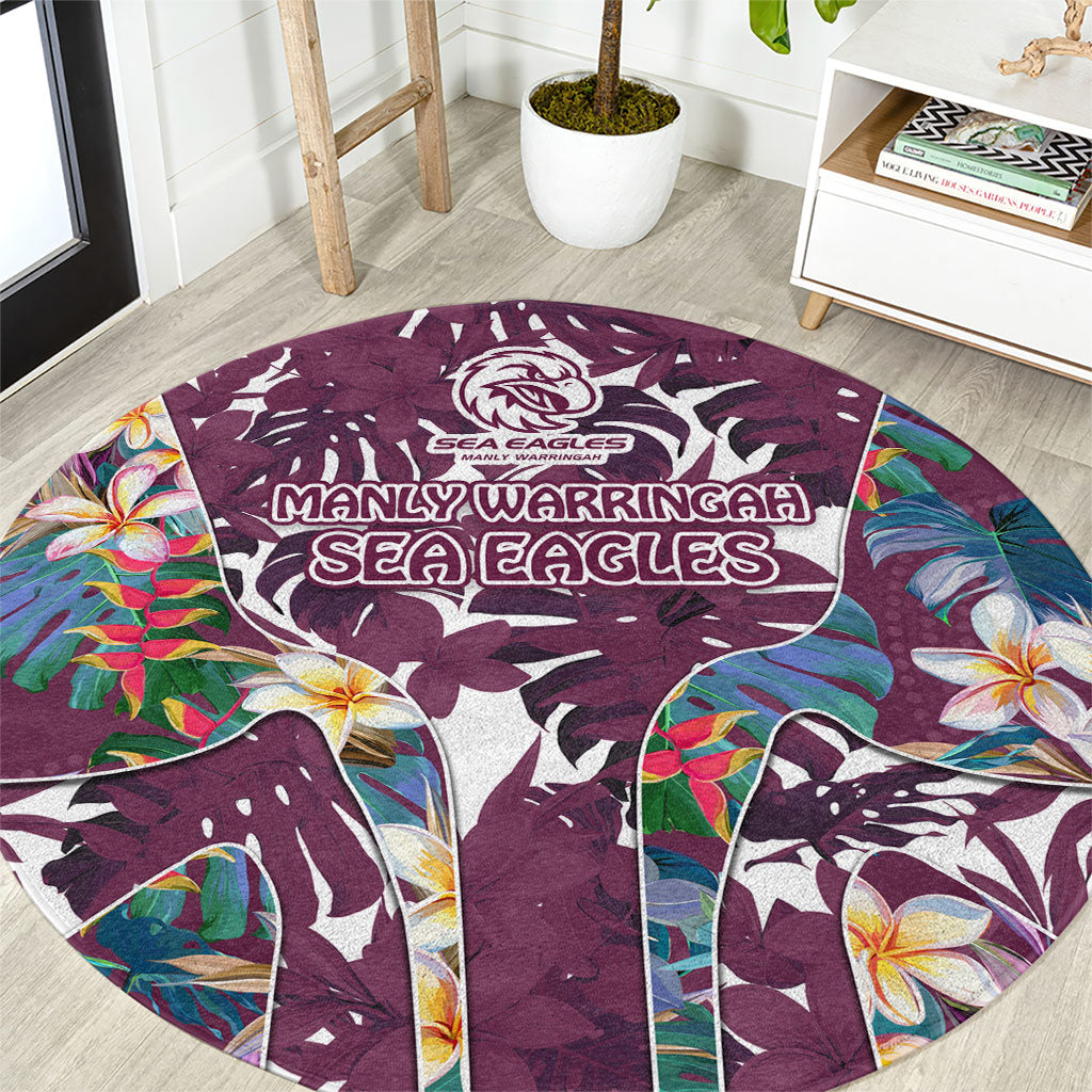 Manly Warringah Sea Eagles Round Carpet Tropical Hibiscus Floral Pattern With Maroon And White Accents