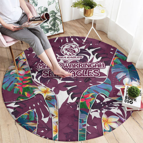 Manly Warringah Sea Eagles Round Carpet Tropical Hibiscus Floral Pattern With Maroon And White Accents