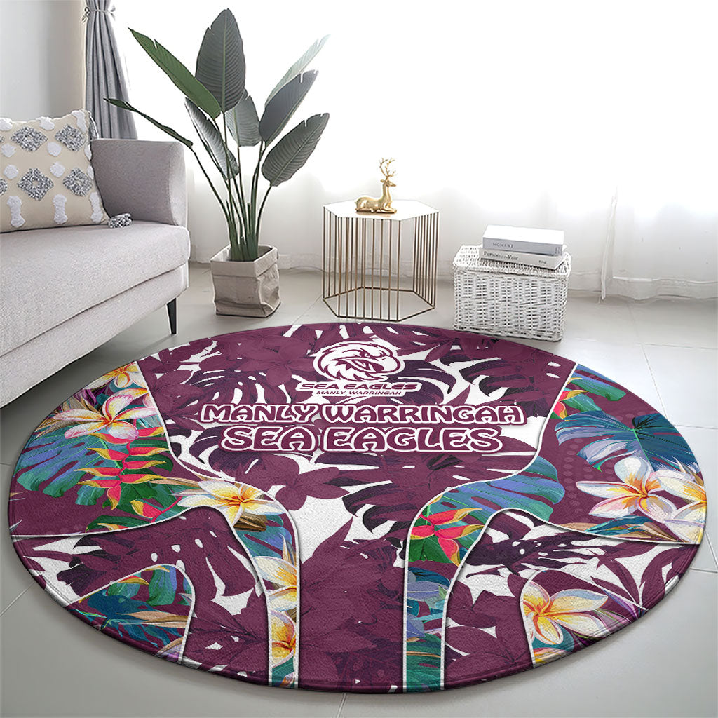 Manly Warringah Sea Eagles Round Carpet Tropical Hibiscus Floral Pattern With Maroon And White Accents