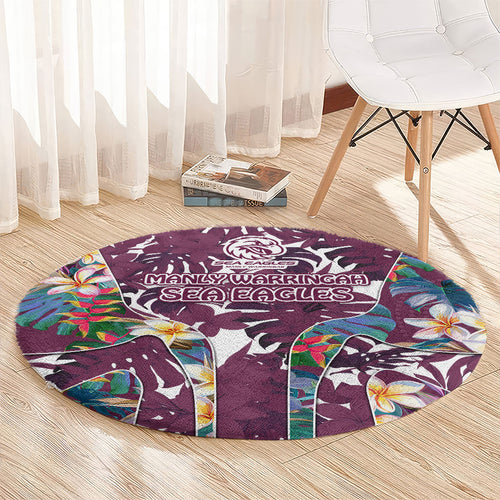 Manly Warringah Sea Eagles Round Carpet Tropical Hibiscus Floral Pattern With Maroon And White Accents