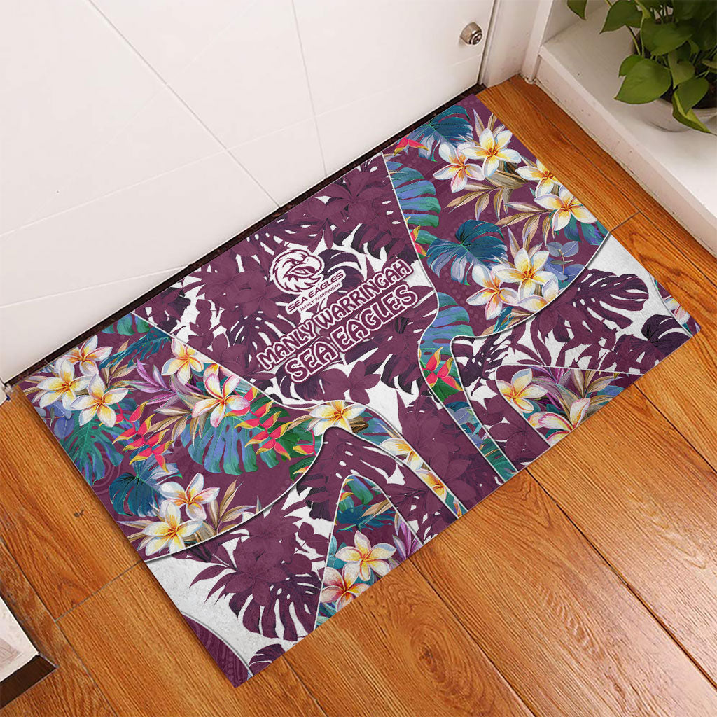 Manly Warringah Sea Eagles Rubber Doormat Tropical Hibiscus Floral Pattern With Maroon And White Accents