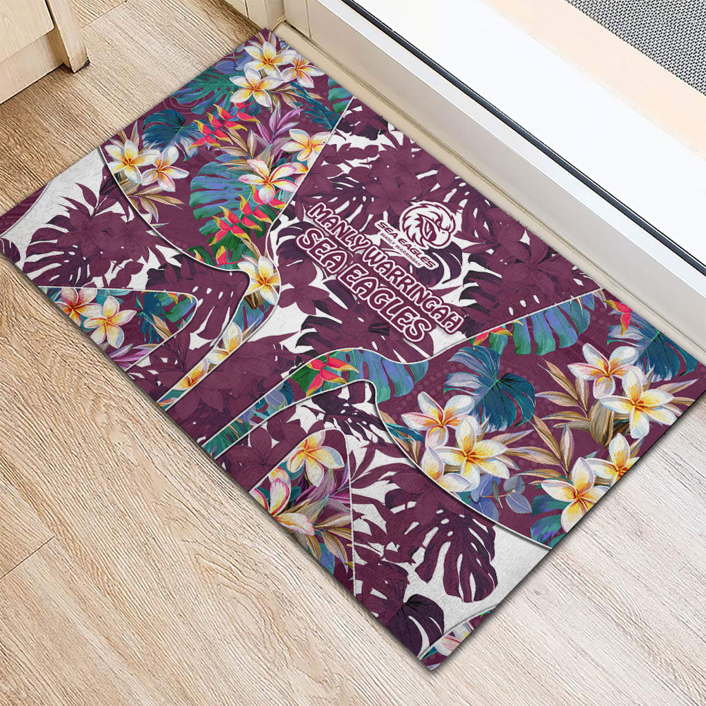 Manly Warringah Sea Eagles Rubber Doormat Tropical Hibiscus Floral Pattern With Maroon And White Accents