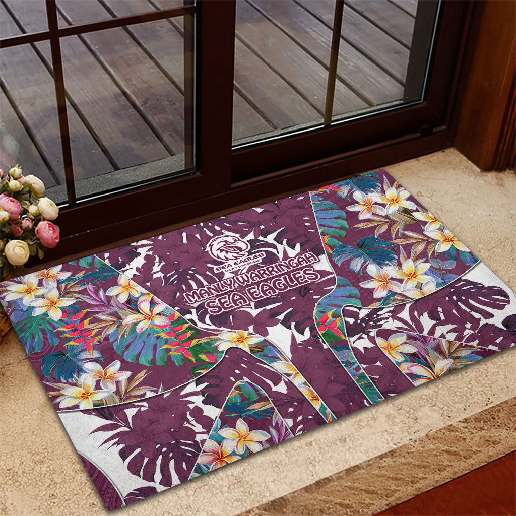 Manly Warringah Sea Eagles Rubber Doormat Tropical Hibiscus Floral Pattern With Maroon And White Accents