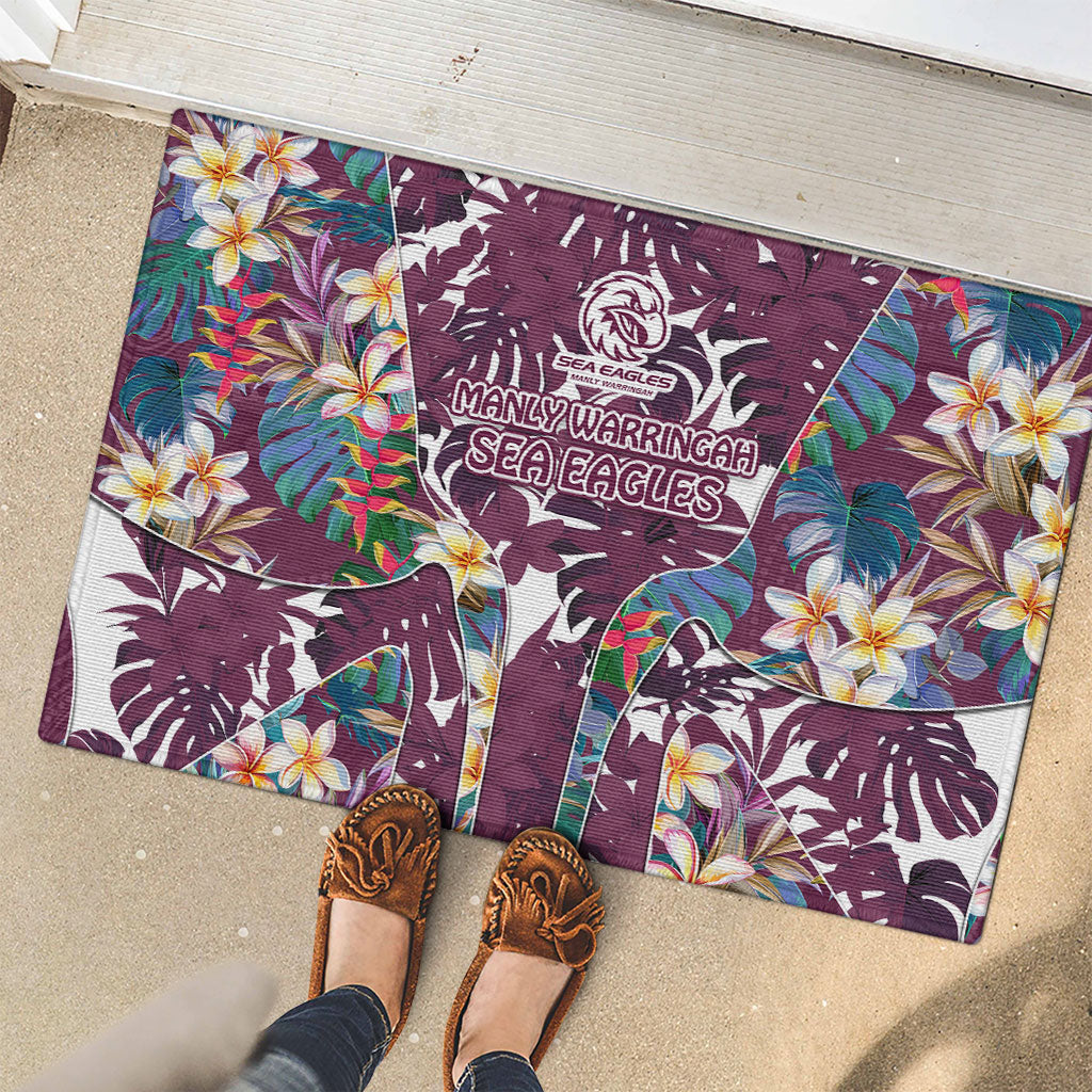 Manly Warringah Sea Eagles Rubber Doormat Tropical Hibiscus Floral Pattern With Maroon And White Accents