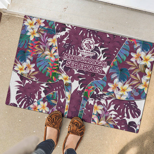 Manly Warringah Sea Eagles Rubber Doormat Tropical Hibiscus Floral Pattern With Maroon And White Accents