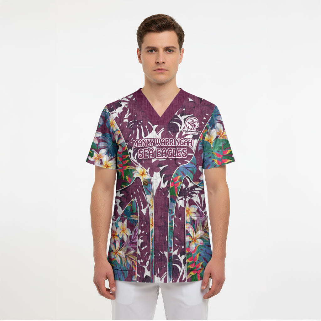 Manly Warringah Sea Eagles Scrub Top Tropical Hibiscus Floral Pattern With Maroon And White Accents