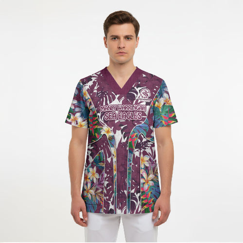 Manly Warringah Sea Eagles Scrub Top Tropical Hibiscus Floral Pattern With Maroon And White Accents