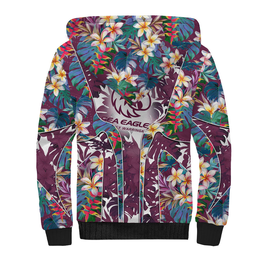 Manly Warringah Sea Eagles Sherpa Hoodie Tropical Hibiscus Floral Pattern With Maroon And White Accents