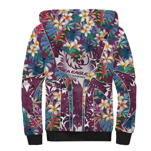 Manly Warringah Sea Eagles Sherpa Hoodie Tropical Hibiscus Floral Pattern With Maroon And White Accents