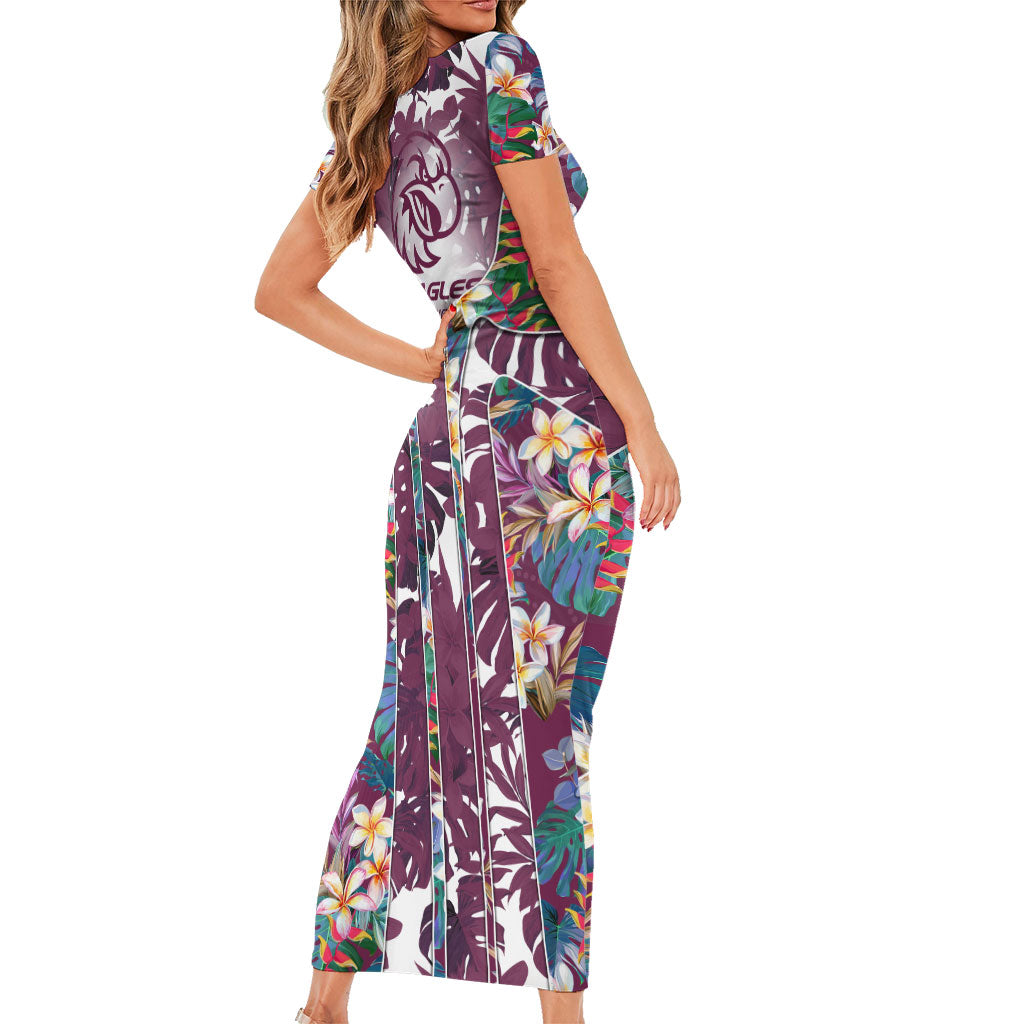 Manly Warringah Sea Eagles Short Sleeve Bodycon Dress Tropical Hibiscus Floral Pattern With Maroon And White Accents