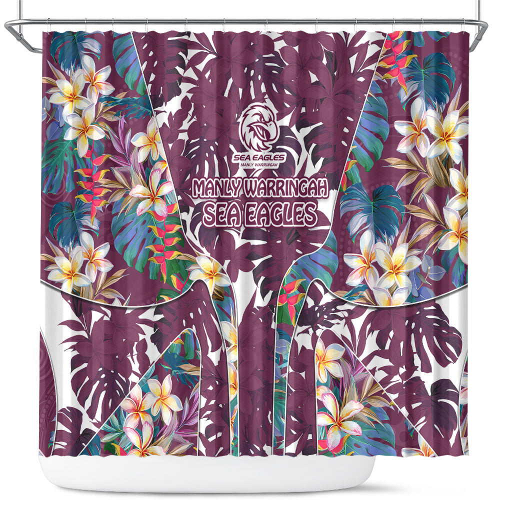 Manly Warringah Sea Eagles Shower Curtain Tropical Hibiscus Floral Pattern With Maroon And White Accents