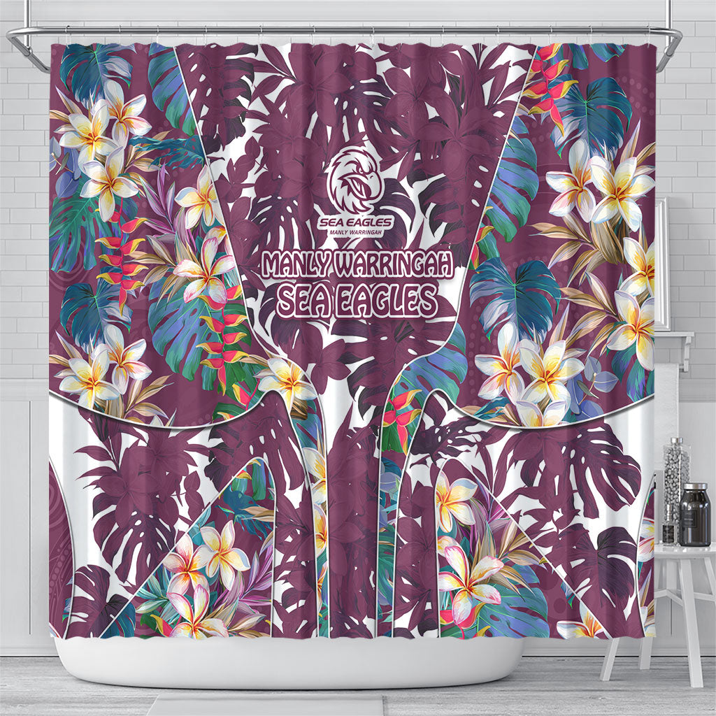 Manly Warringah Sea Eagles Shower Curtain Tropical Hibiscus Floral Pattern With Maroon And White Accents