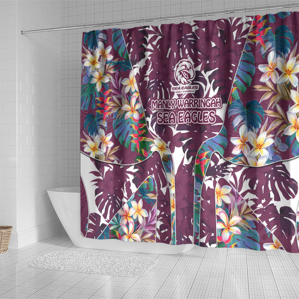 Manly Warringah Sea Eagles Shower Curtain Tropical Hibiscus Floral Pattern With Maroon And White Accents