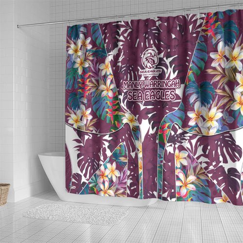 Manly Warringah Sea Eagles Shower Curtain Tropical Hibiscus Floral Pattern With Maroon And White Accents
