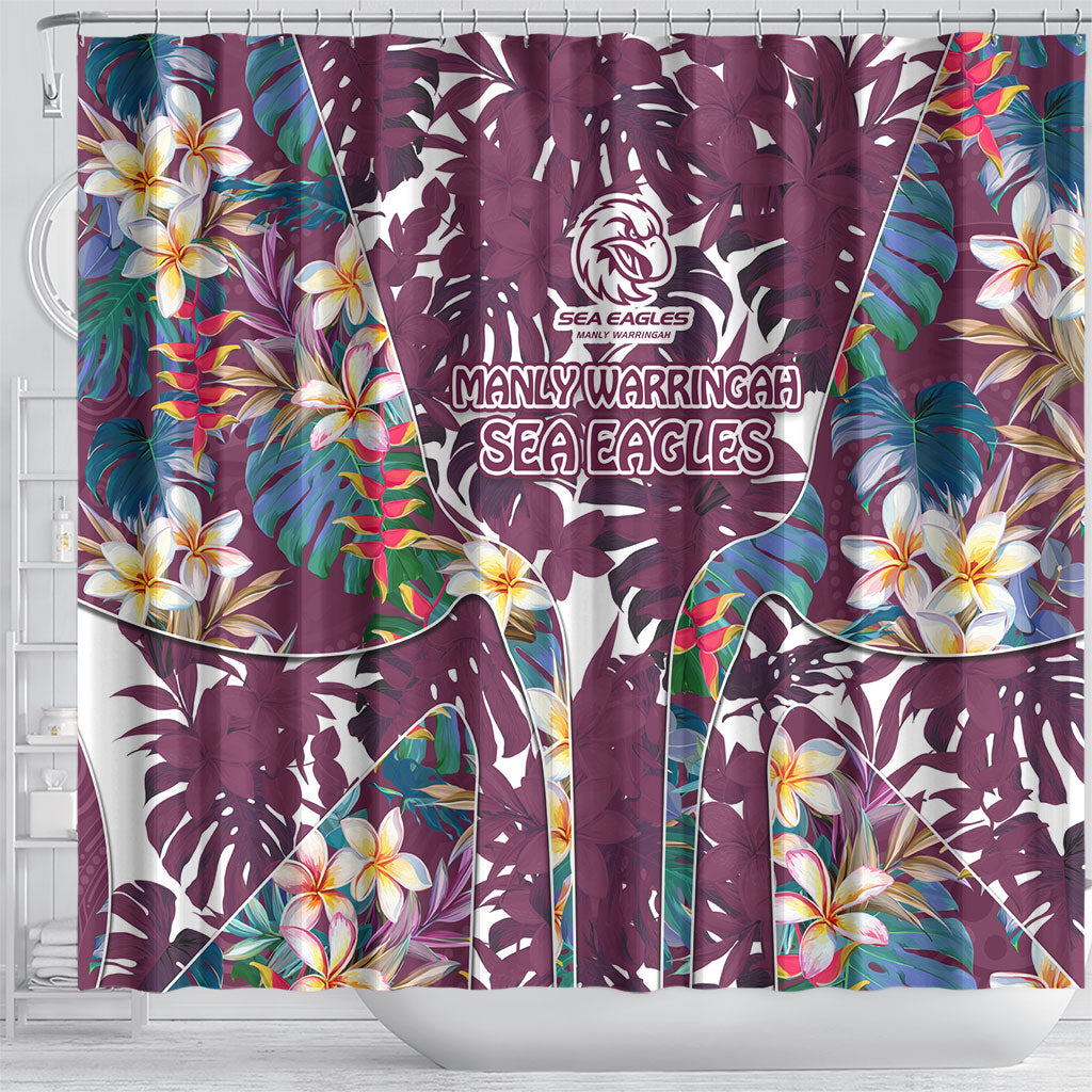 Manly Warringah Sea Eagles Shower Curtain Tropical Hibiscus Floral Pattern With Maroon And White Accents