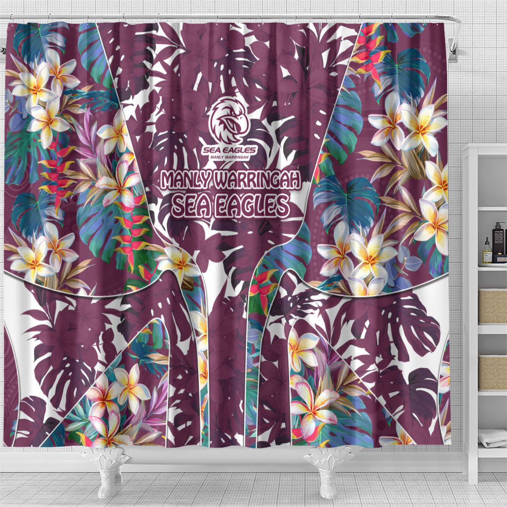 Manly Warringah Sea Eagles Shower Curtain Tropical Hibiscus Floral Pattern With Maroon And White Accents