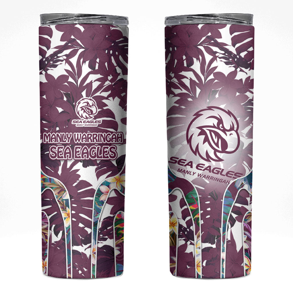 Manly Warringah Sea Eagles Skinny Tumbler Tropical Hibiscus Floral Pattern With Maroon And White Accents