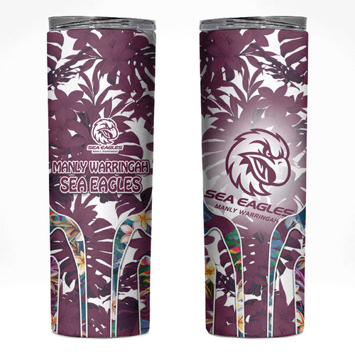 Manly Warringah Sea Eagles Skinny Tumbler Tropical Hibiscus Floral Pattern With Maroon And White Accents