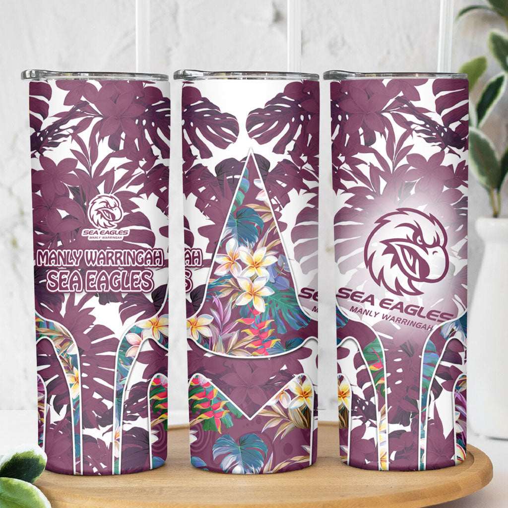 Manly Warringah Sea Eagles Skinny Tumbler Tropical Hibiscus Floral Pattern With Maroon And White Accents