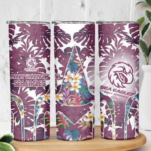 Manly Warringah Sea Eagles Skinny Tumbler Tropical Hibiscus Floral Pattern With Maroon And White Accents