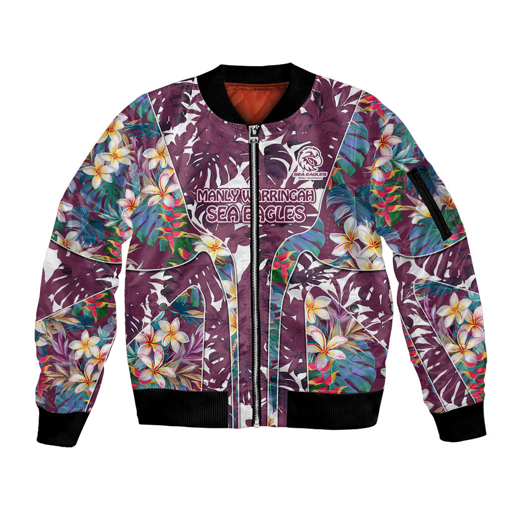 Manly Warringah Sea Eagles Sleeve Zip Bomber Jacket Tropical Hibiscus Floral Pattern With Maroon And White Accents