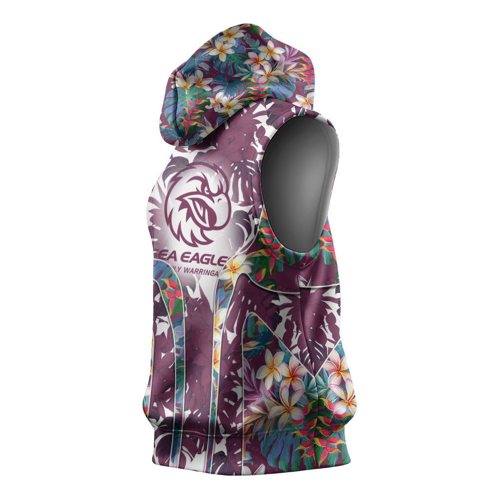 Manly Warringah Sea Eagles Sleeveless Hoodie Tropical Hibiscus Floral Pattern With Maroon And White Accents
