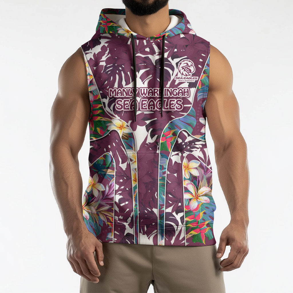 Manly Warringah Sea Eagles Sleeveless Hoodie Tropical Hibiscus Floral Pattern With Maroon And White Accents