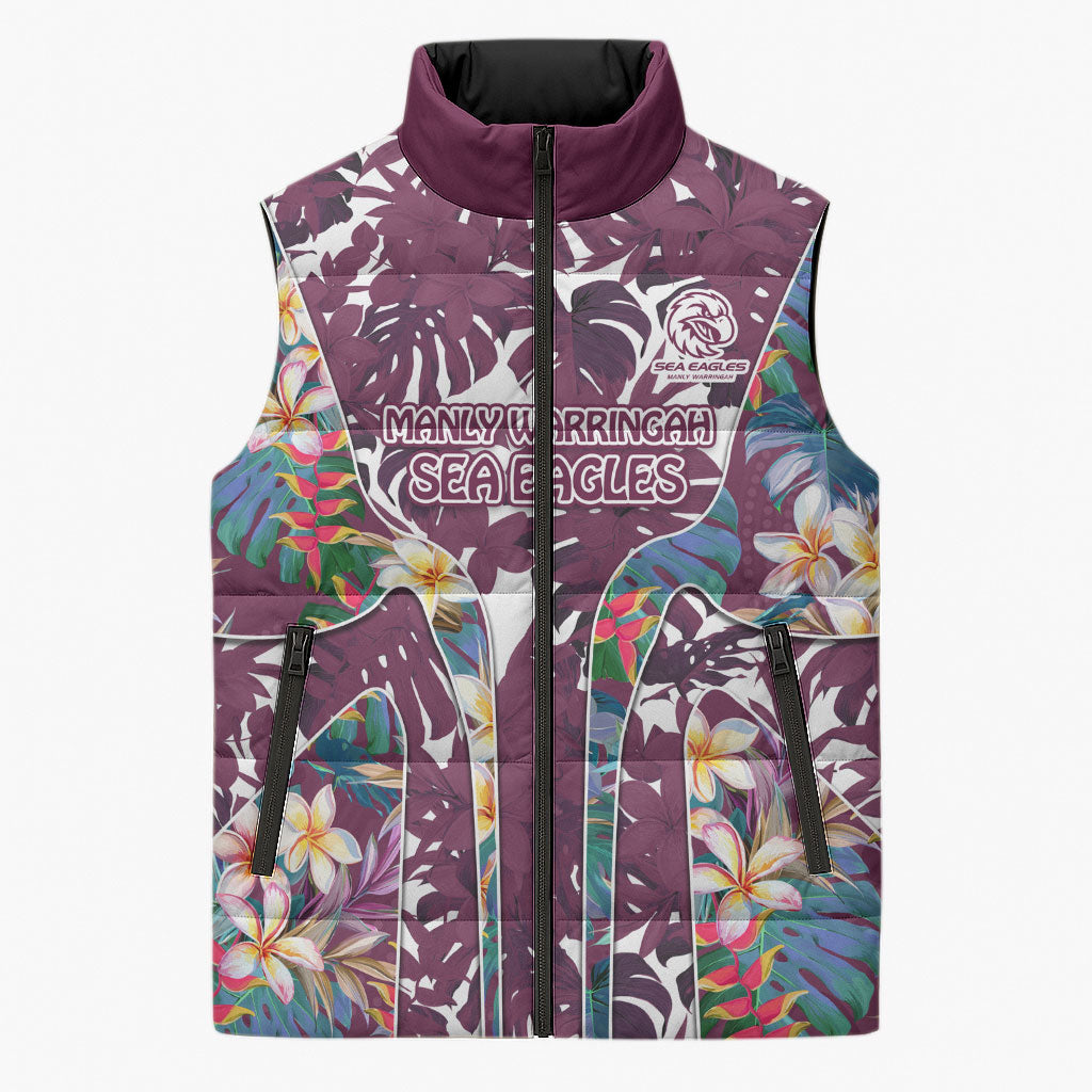 Manly Warringah Sea Eagles Sleeveless Puffer Jacket Tropical Hibiscus Floral Pattern With Maroon And White Accents