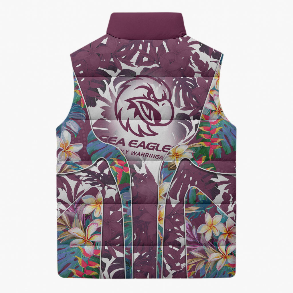 Manly Warringah Sea Eagles Sleeveless Puffer Jacket Tropical Hibiscus Floral Pattern With Maroon And White Accents