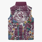 Manly Warringah Sea Eagles Sleeveless Puffer Jacket Tropical Hibiscus Floral Pattern With Maroon And White Accents