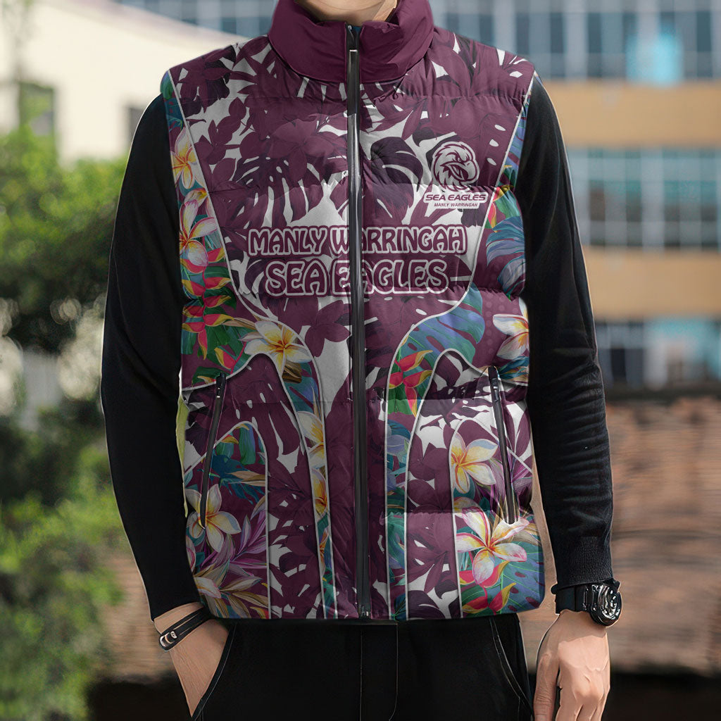 Manly Warringah Sea Eagles Sleeveless Puffer Jacket Tropical Hibiscus Floral Pattern With Maroon And White Accents