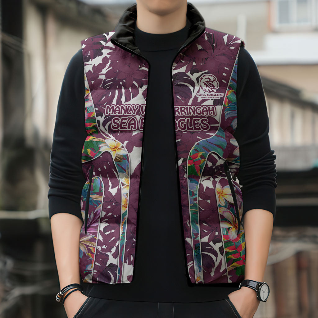 Manly Warringah Sea Eagles Sleeveless Puffer Jacket Tropical Hibiscus Floral Pattern With Maroon And White Accents
