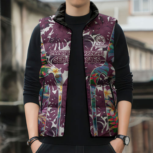 Manly Warringah Sea Eagles Sleeveless Puffer Jacket Tropical Hibiscus Floral Pattern With Maroon And White Accents