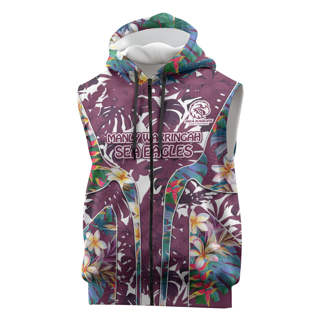 Manly Warringah Sea Eagles Sleeveless Zip Hoodie Tropical Hibiscus Floral Pattern With Maroon And White Accents