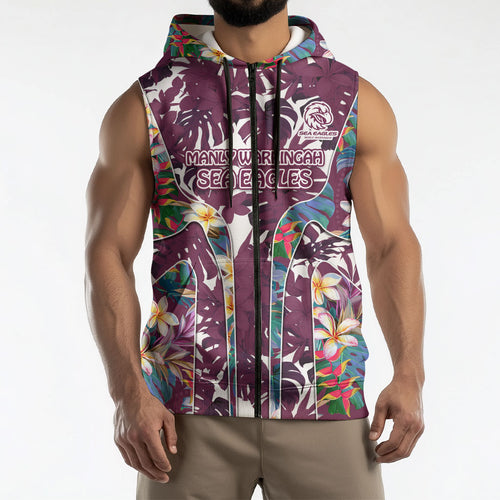 Manly Warringah Sea Eagles Sleeveless Zip Hoodie Tropical Hibiscus Floral Pattern With Maroon And White Accents