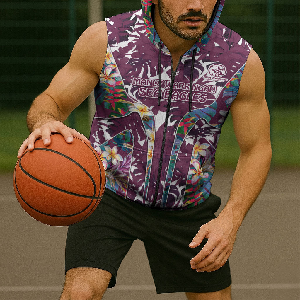 Manly Warringah Sea Eagles Sleeveless Zip Hoodie Tropical Hibiscus Floral Pattern With Maroon And White Accents