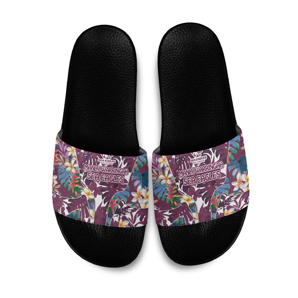 Manly Warringah Sea Eagles Slide Sandals Tropical Hibiscus Floral Pattern With Maroon And White Accents