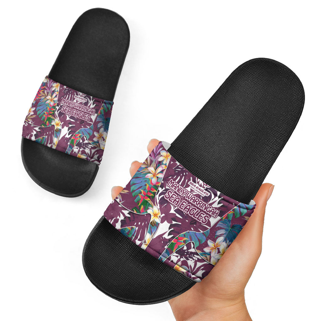 Manly Warringah Sea Eagles Slide Sandals Tropical Hibiscus Floral Pattern With Maroon And White Accents