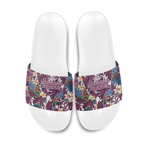 Manly Warringah Sea Eagles Slide Sandals Tropical Hibiscus Floral Pattern With Maroon And White Accents