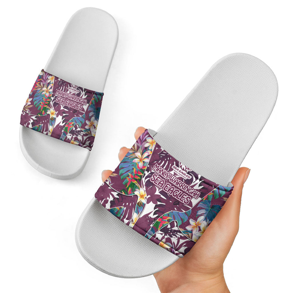Manly Warringah Sea Eagles Slide Sandals Tropical Hibiscus Floral Pattern With Maroon And White Accents