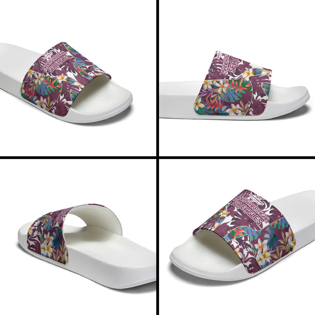 Manly Warringah Sea Eagles Slide Sandals Tropical Hibiscus Floral Pattern With Maroon And White Accents