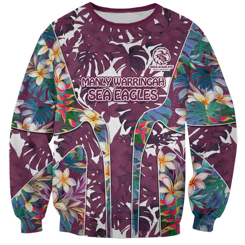 Manly Warringah Sea Eagles Sweatshirt Tropical Hibiscus Floral Pattern With Maroon And White Accents