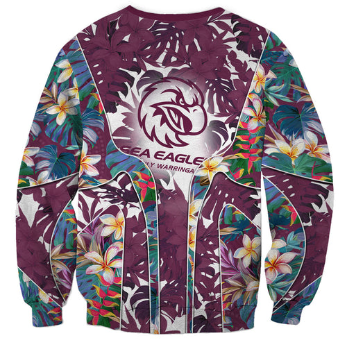 Manly Warringah Sea Eagles Sweatshirt Tropical Hibiscus Floral Pattern With Maroon And White Accents