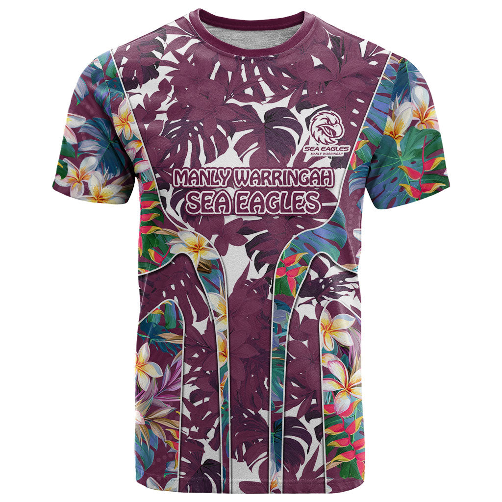 Manly Warringah Sea Eagles T Shirt Tropical Hibiscus Floral Pattern With Maroon And White Accents