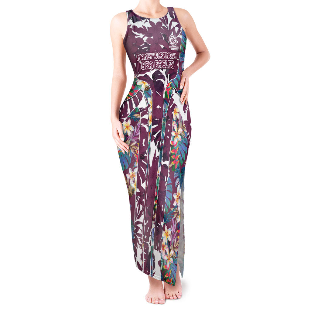 Manly Warringah Sea Eagles Tank Maxi Dress Tropical Hibiscus Floral Pattern With Maroon And White Accents
